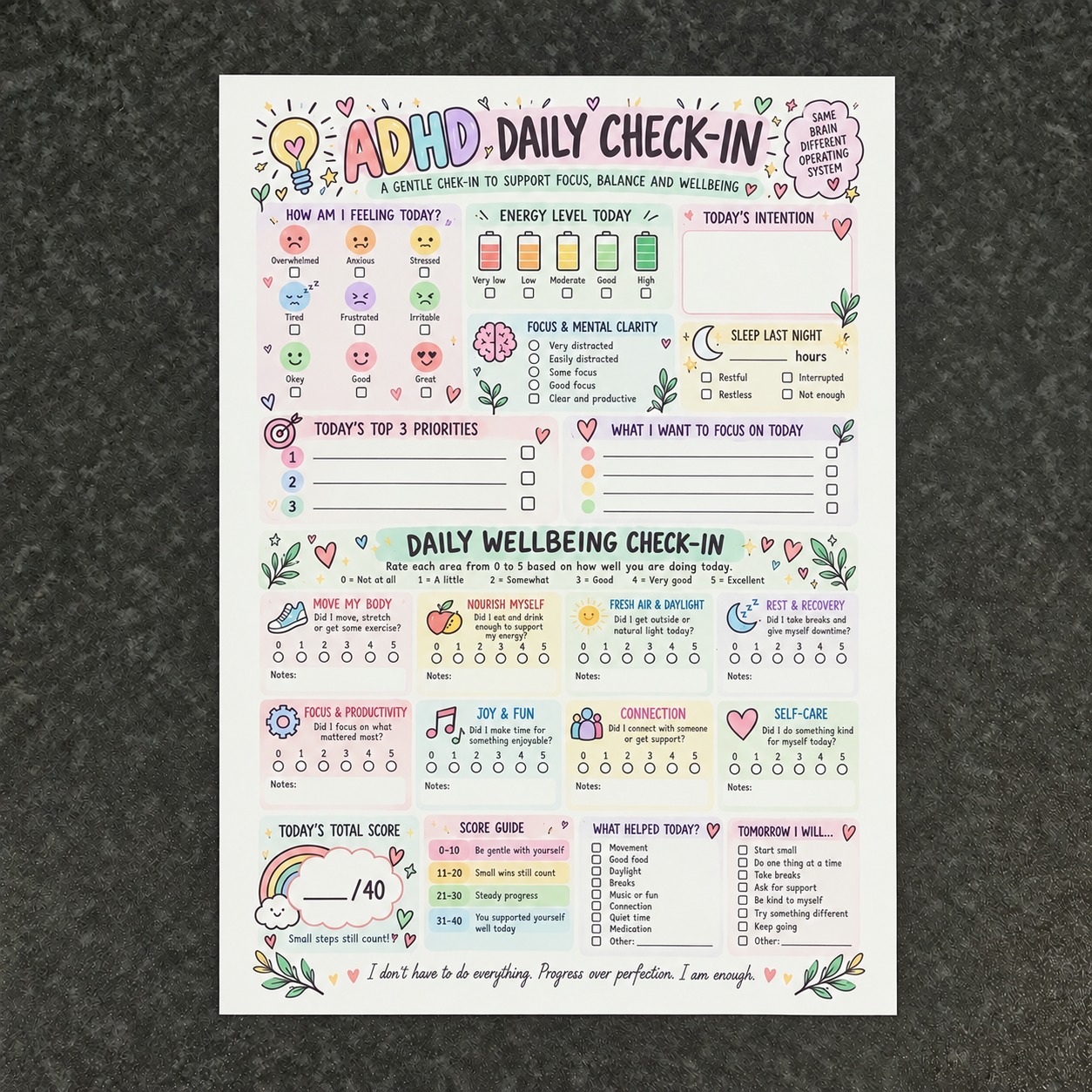 ADHD Daily Check-In Worksheet | A4 Printable