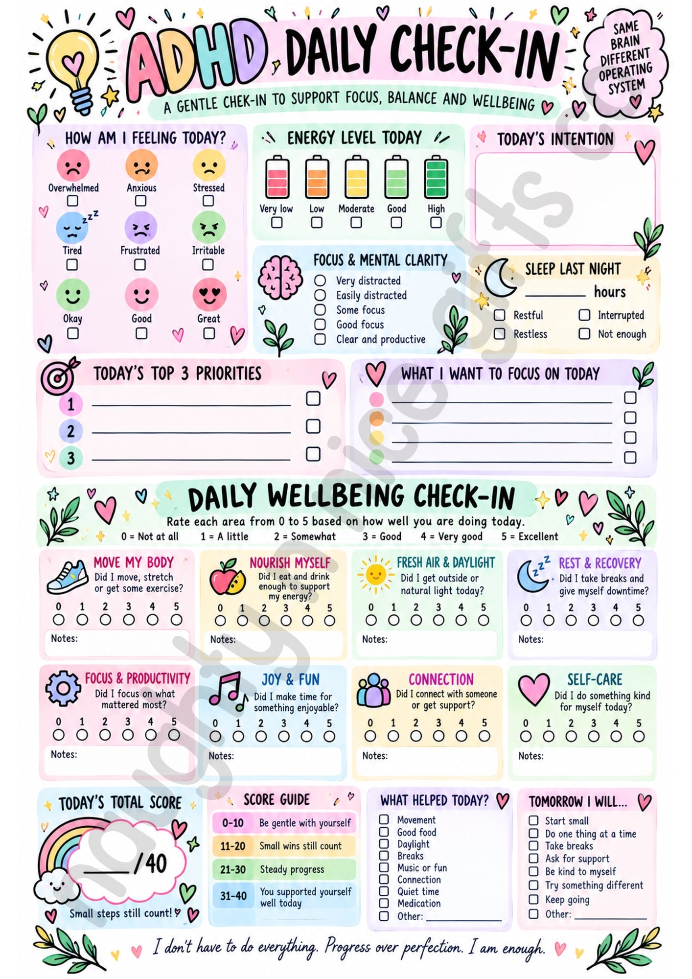 ADHD Daily Check-In Worksheet | A4 Printable