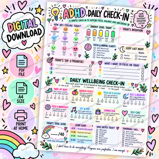 ADHD Daily Check-In Worksheet | A4 Printable